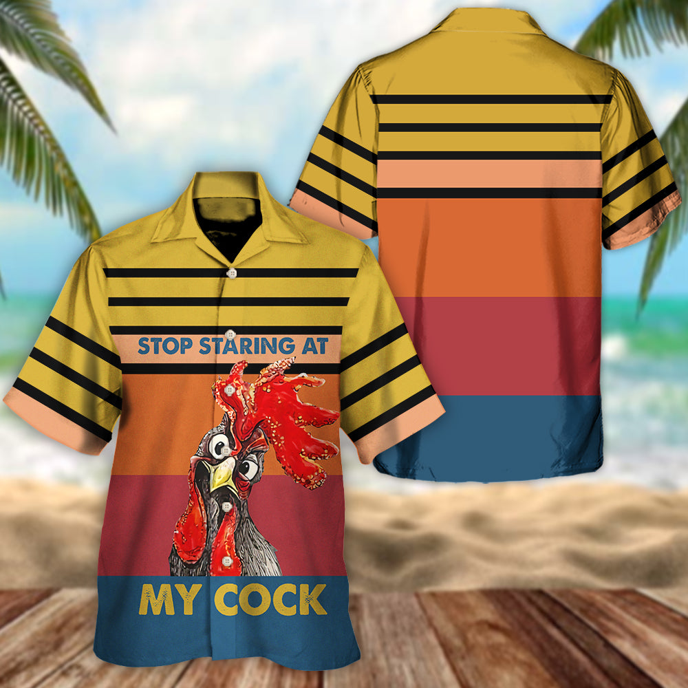 Chicken Rooster Stop Staring At My Cock Horizontal Stripes - Unisex Hawaiian Shirt For Men and Women