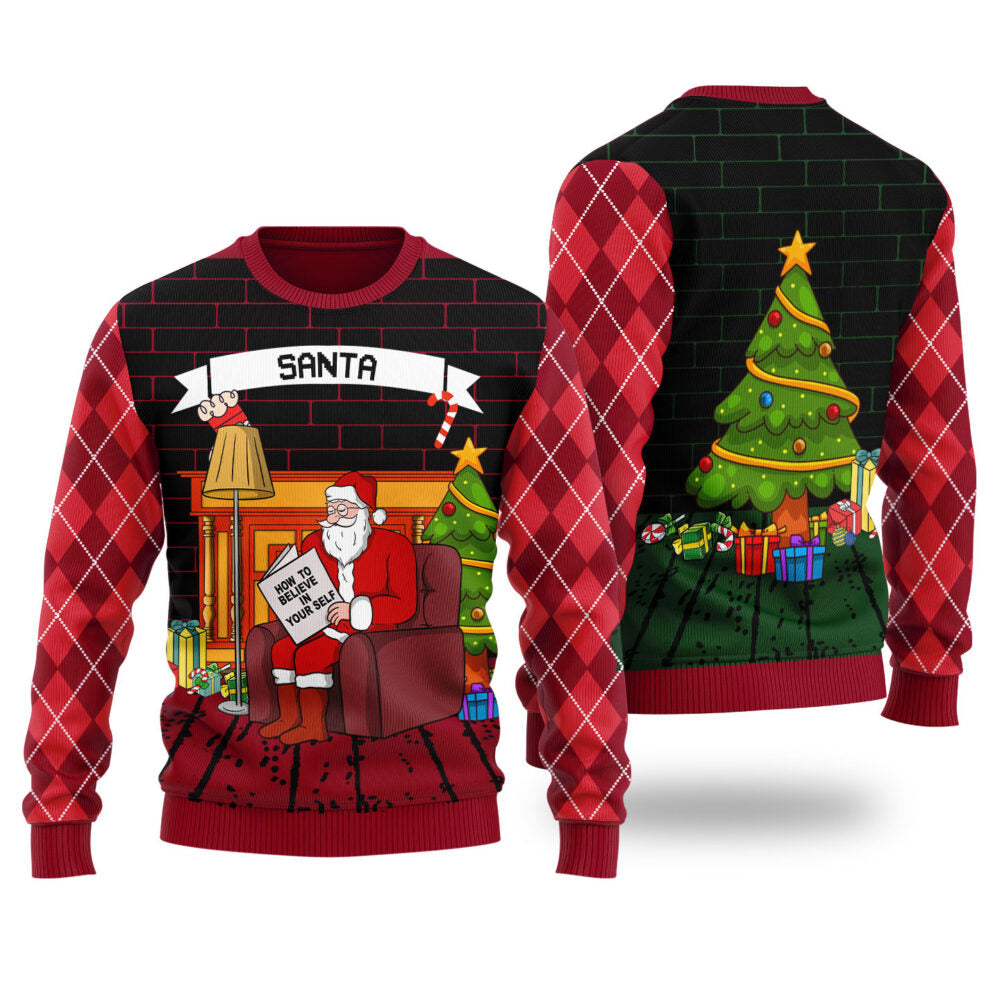 Funny Believe in Yourself Santa Ugly Christmas Sweater Cardinal Red