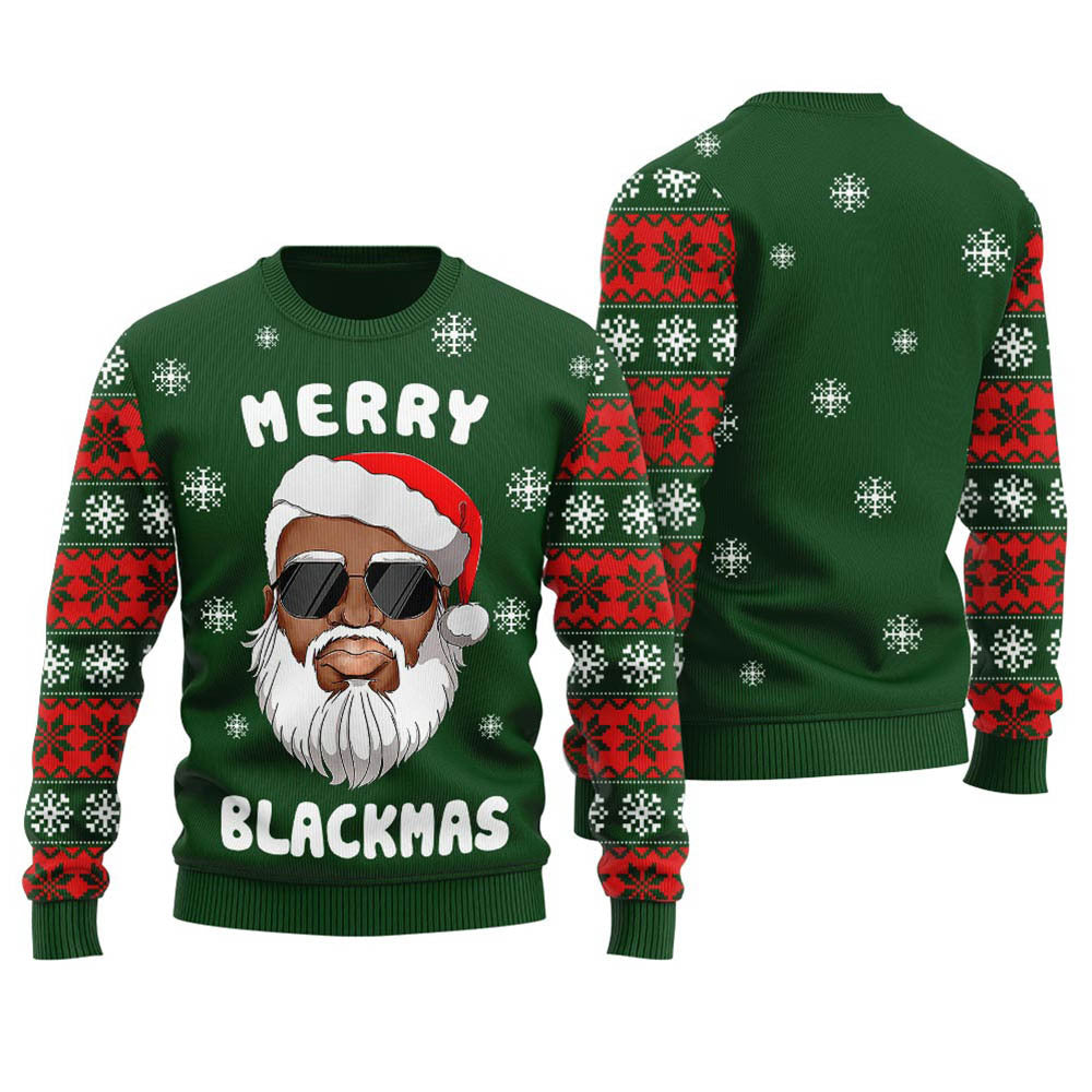 Classic Black Santa Ugly Xmas Sweater Forest Green