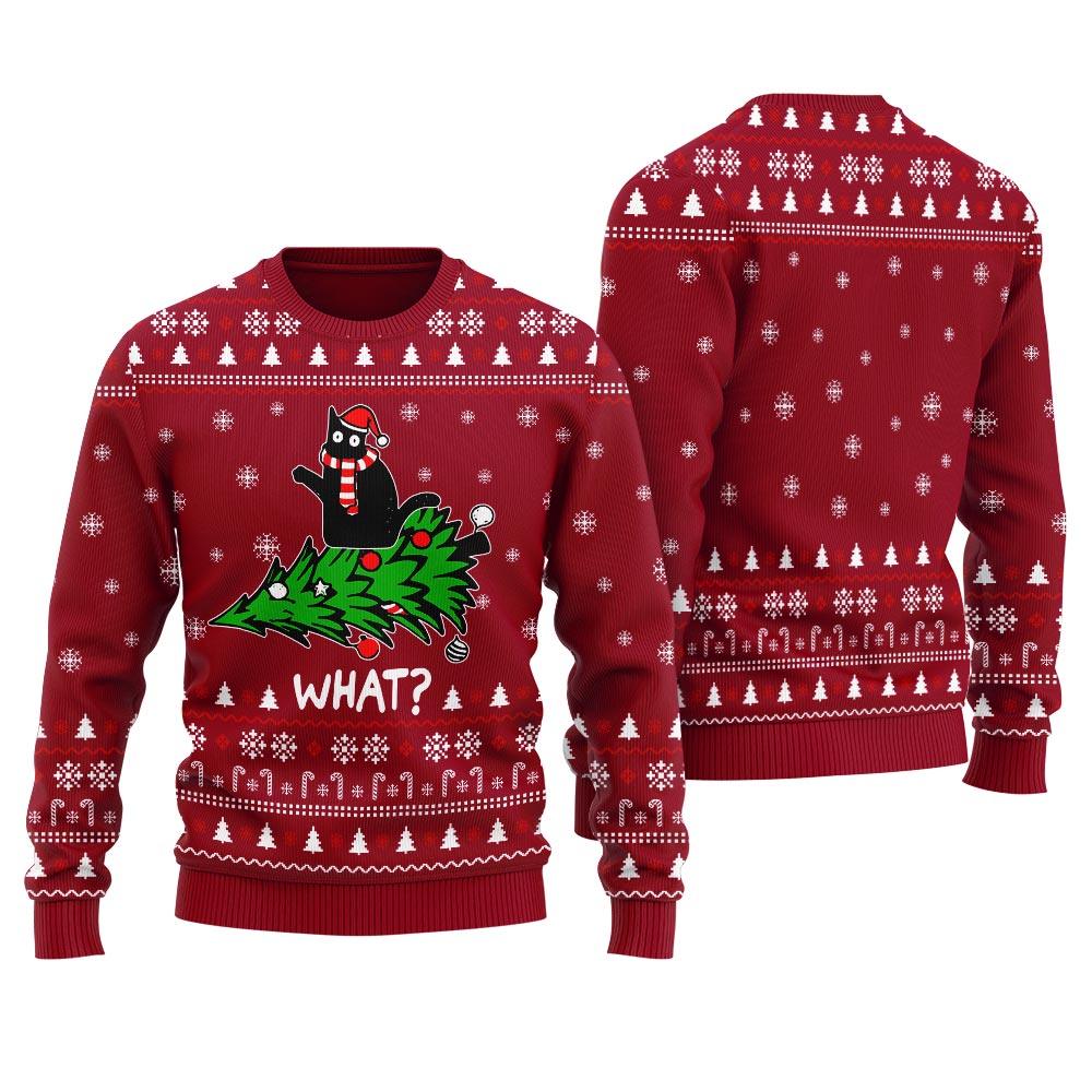 Creative Black Cat Ugly Christmas Sweater Adults Cardinal Red