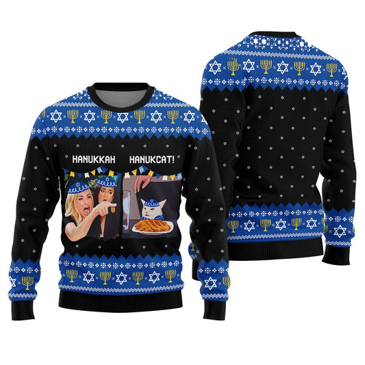 Funny Yelling Women And The Cat Meme Hanukkah Sweater