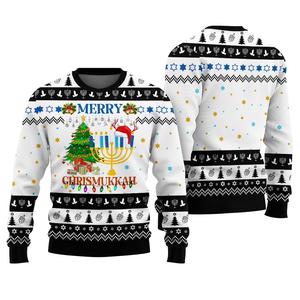 Merry Christmas Hanukkah Ugly Holiday Sweater Black