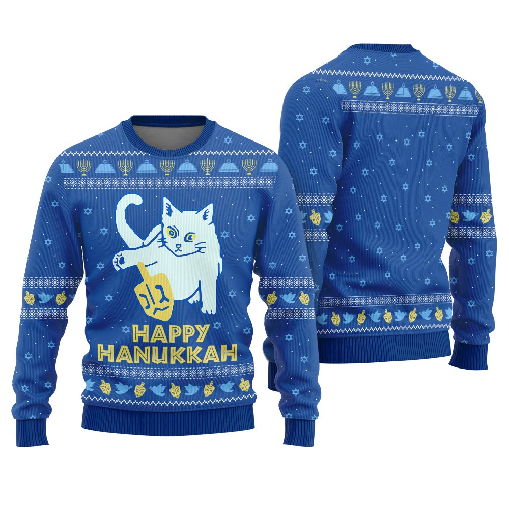Happy Hanukkah Meowy Ugly Sweater Royal