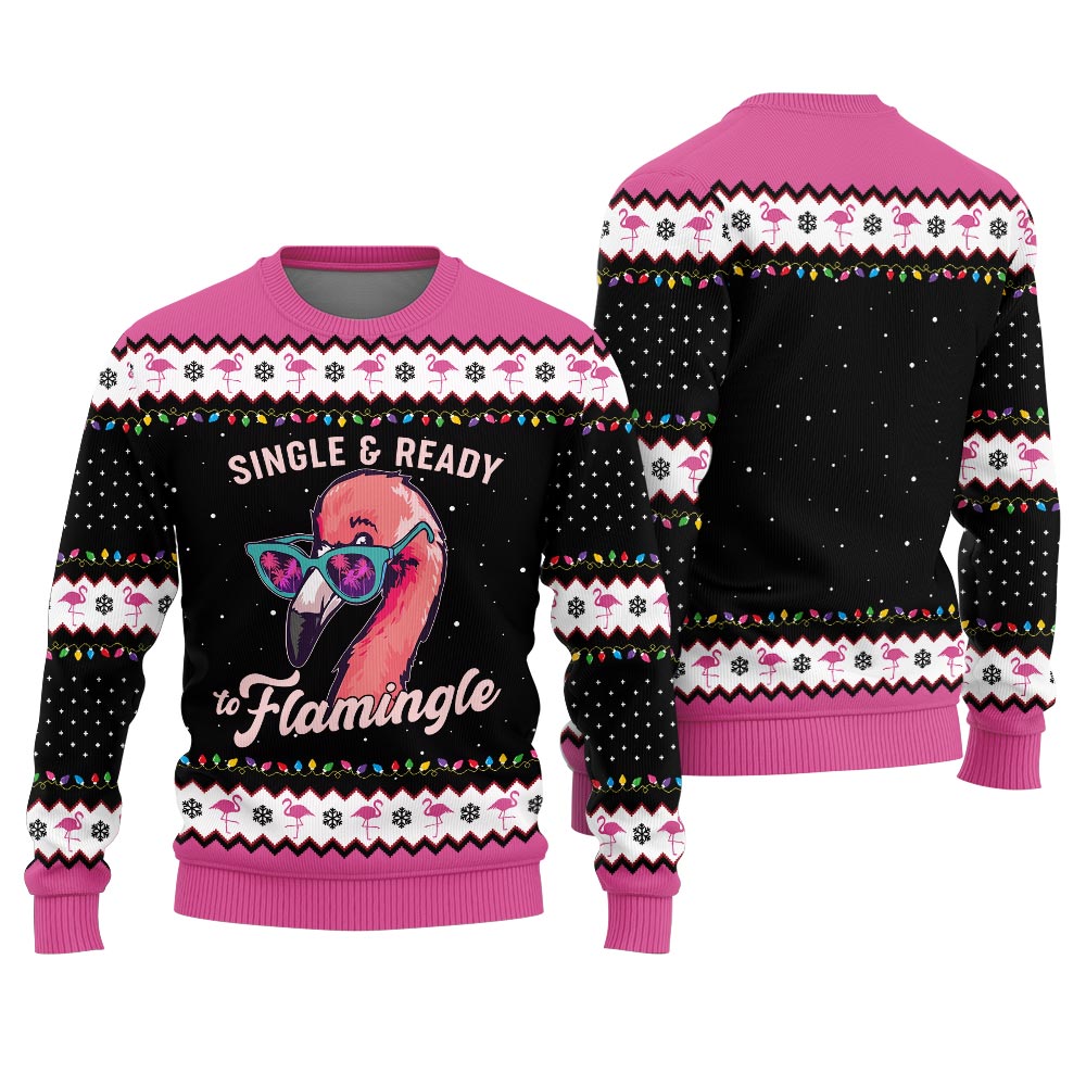 Single And Ready To Mingle Ugly Christmas Sweater With Flamingos