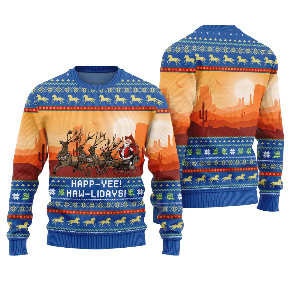 Happ Yee Haw LiDays Cowboy Season Christmas Pattern Ugly Sweater Royal