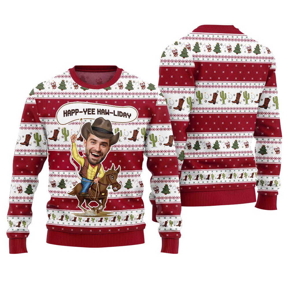 Happ Yee Haw Liday Custom Face Cowboy Ugly Christmas Red Sweater