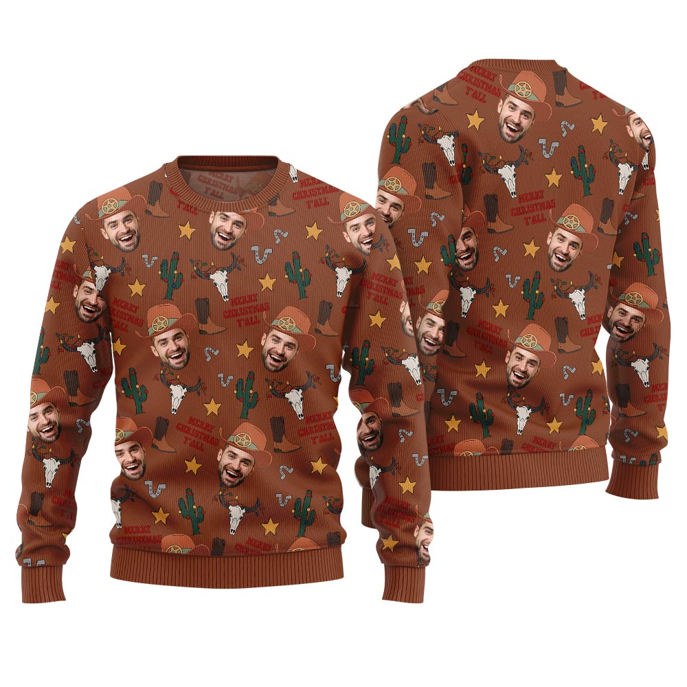 Personalized Face Funny Cowboy Christmas Sweaters For Adults