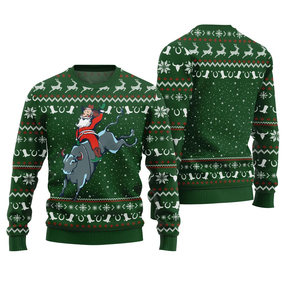 Funny Santa Rides A Bull Cowboy Season Christmas Green