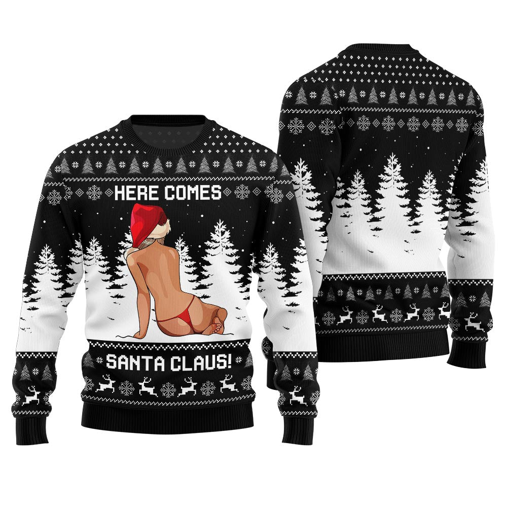 Christmas Sweater Here Comes Santa Claus Black