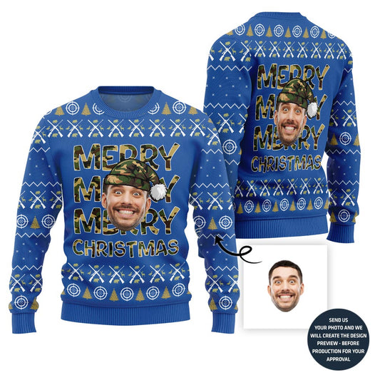 Merry Christmas Custom Face Hunting Pattern Sweater