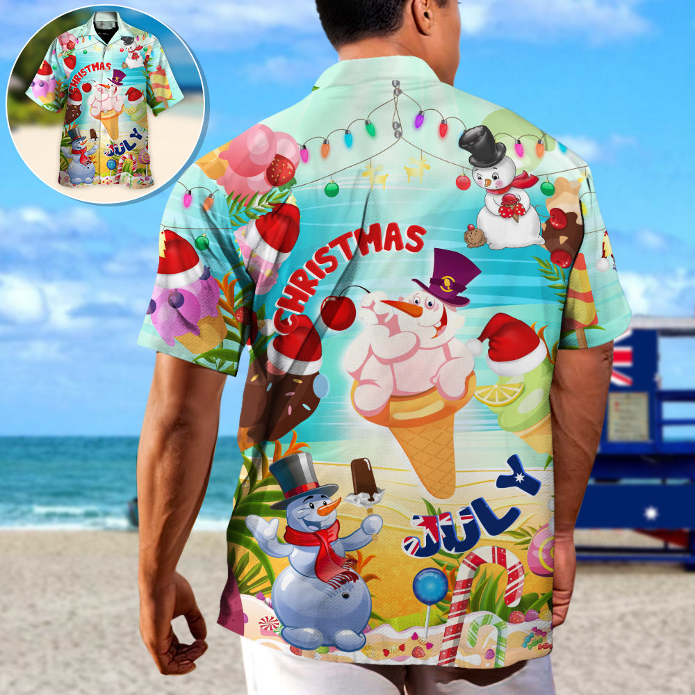 Christmas In July Snowman Ice Cream Funny Summer - Unisex Hawaiian Shirt For Men and Women