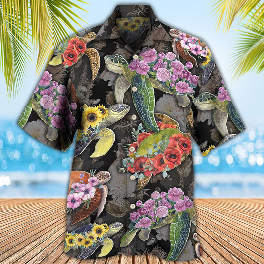 Turtle And Flowers Tropical Art - Hawaiian Shirt