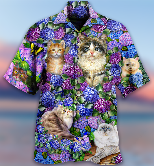 Cat Lovely And Purple Flowers - Hawaiian Shirt