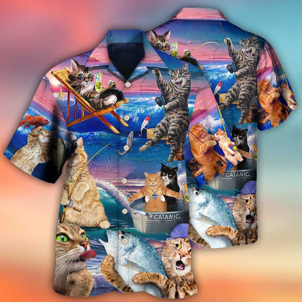 Fishing Cat Cute Beach Art Style - Hawaiian Shirt