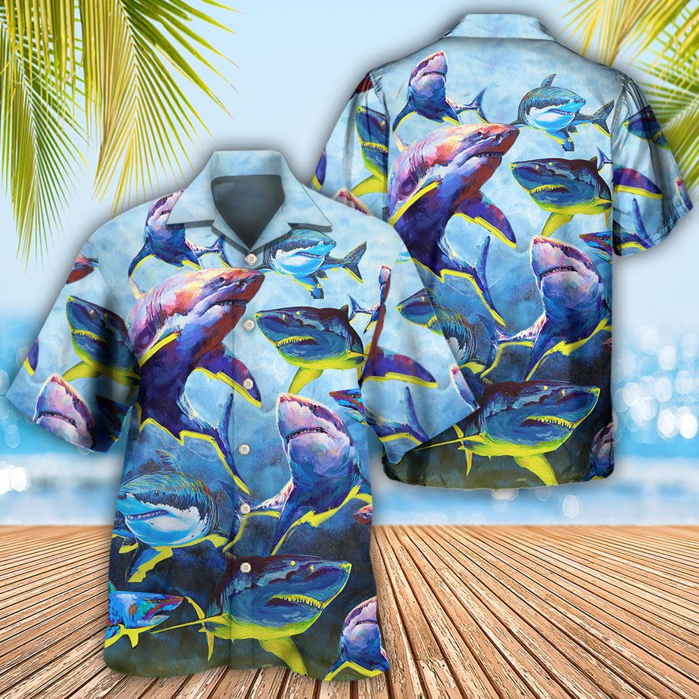 Shark Family Blue And Yellow Light - Hawaiian Shirt