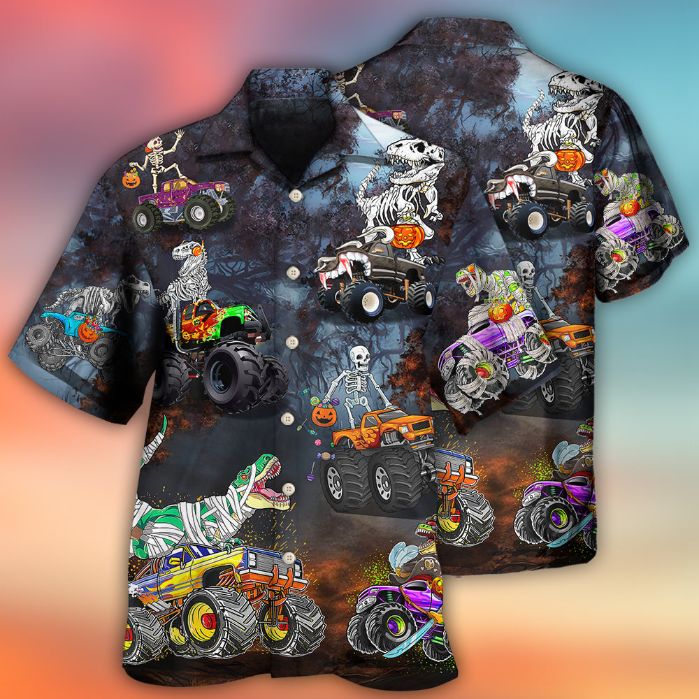 Halloween Skeleton Dinosaur Driving Monster Truck - Hawaiian Shirt