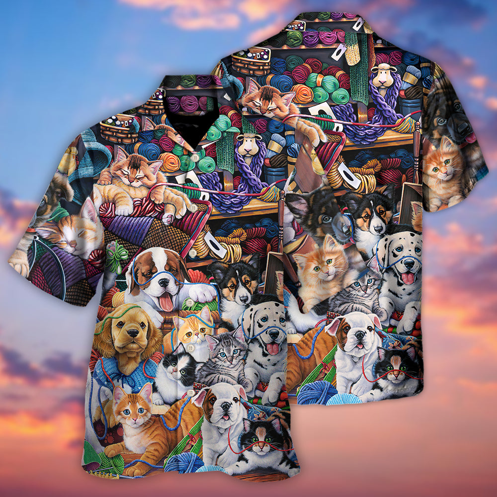 Dog And Cat Play Yarn Together - Hawaiian Shirt