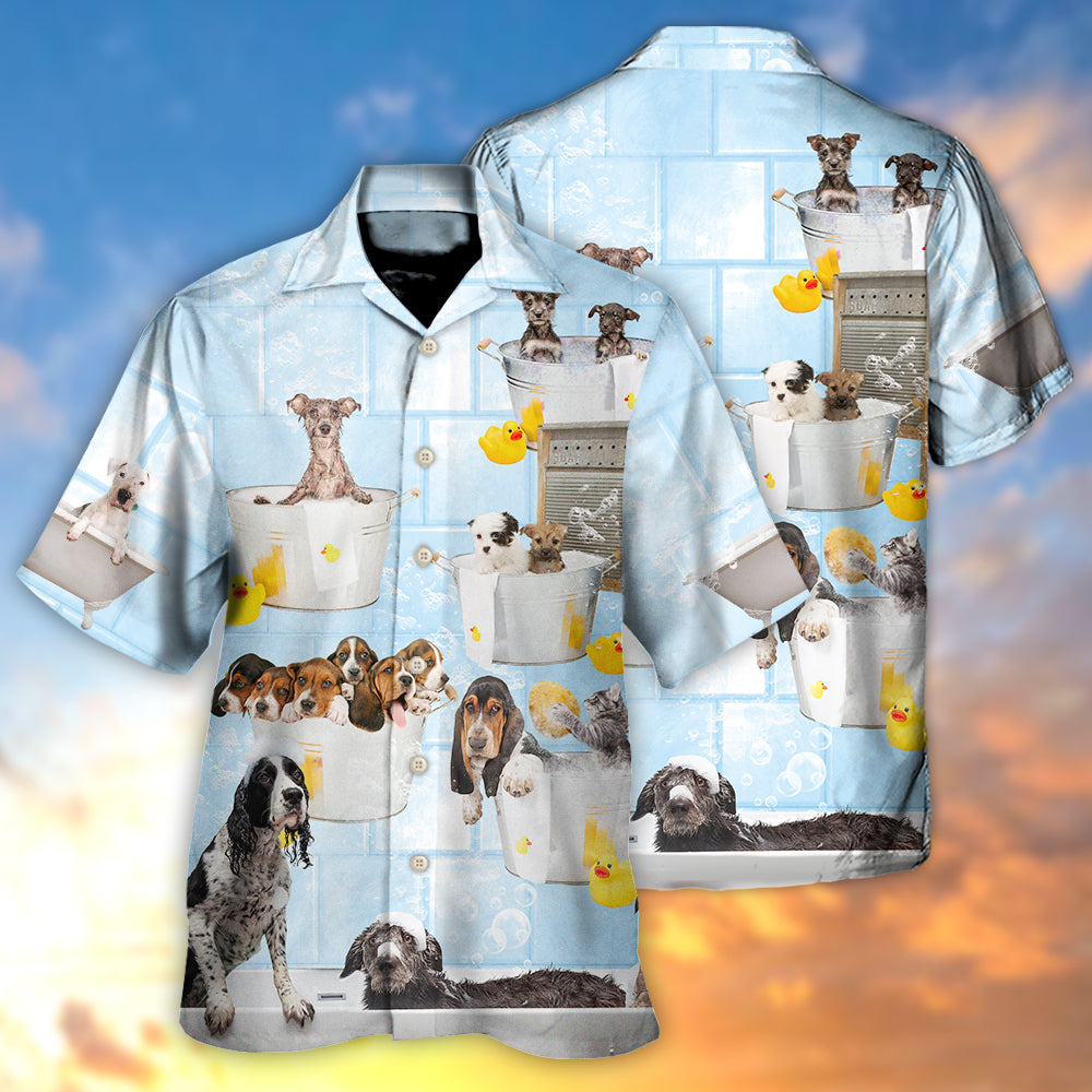 Dog Grooming Shower Happy In Bathroom - Hawaiian Shirt