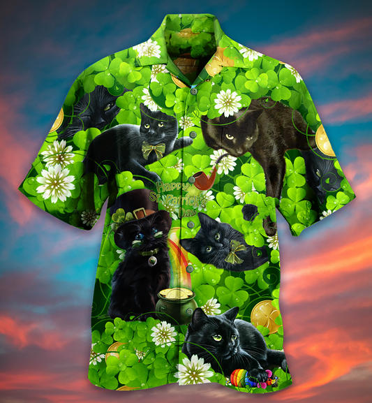 Black Cat Love Green Leaf - Hawaiian Shirt