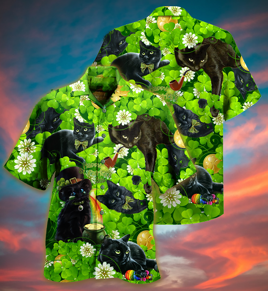Black Cat Love Green Leaf - Hawaiian Shirt