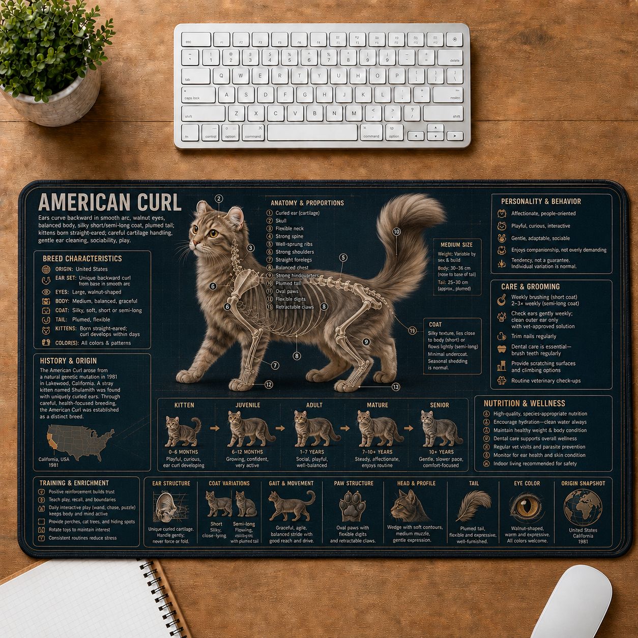 American Curl Cat Breed Desk Mat Anatomy Guide | 5To9Vibe