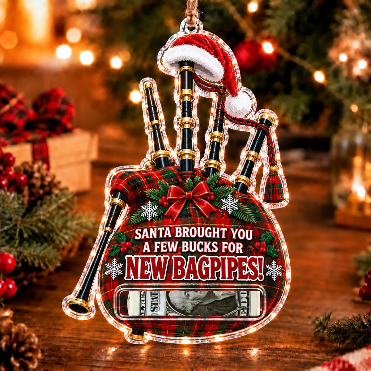 Bagpipes Christmas money holder ornament