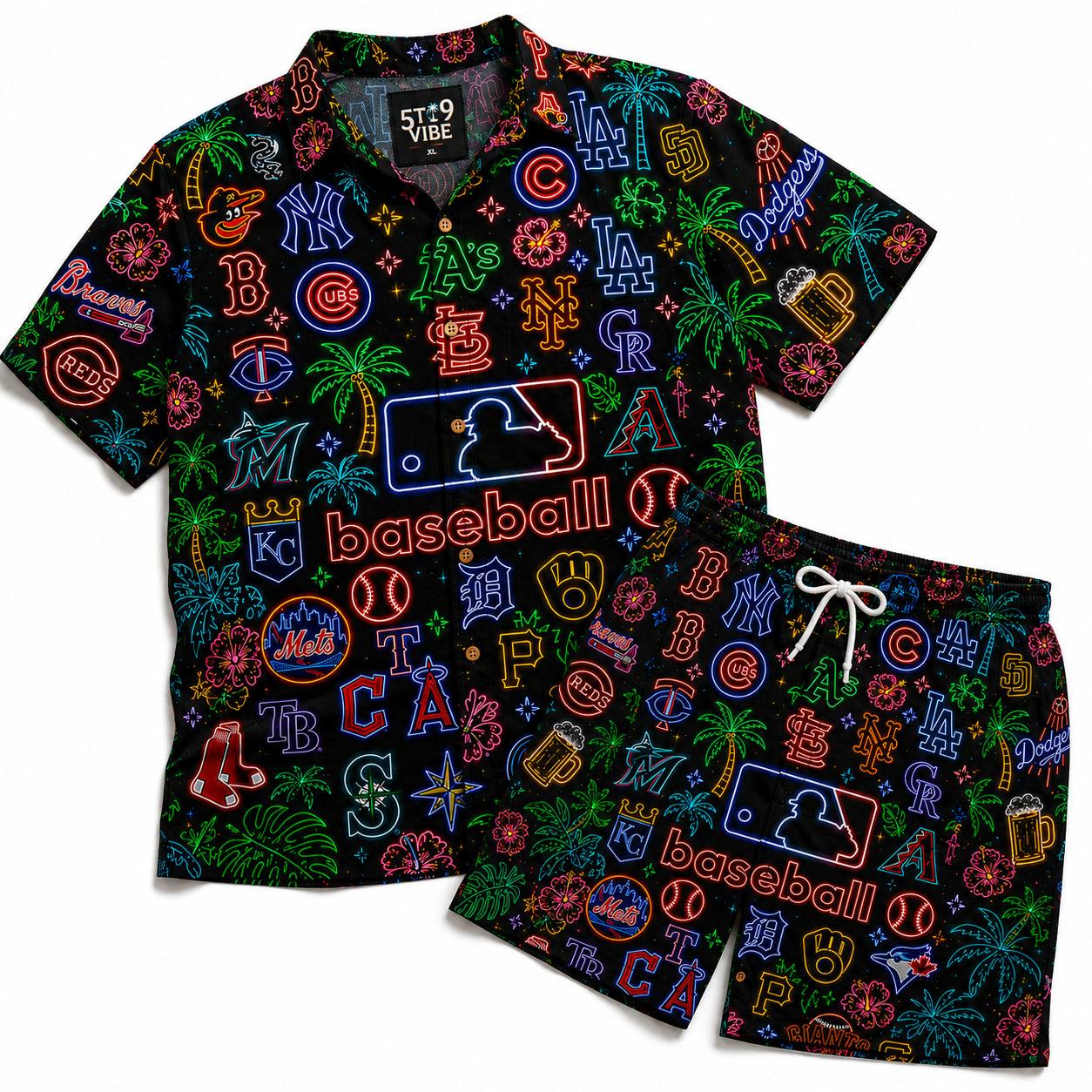 All Baseball Teams Neon Vintage Pattern Vibe Summer Party Button-Up Unisex Hawaiian Shirt For Men and Women