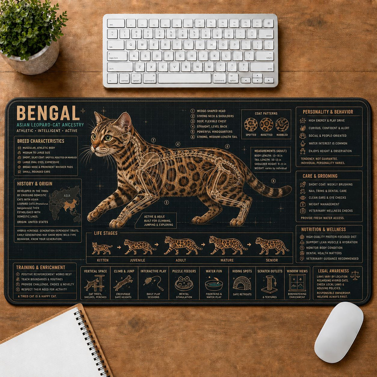 Bengal Cat Breed Desk Mat Anatomy Guide | 5To9Vibe