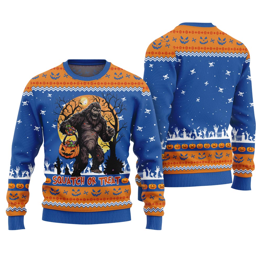 Bigfoot Squatch Or Treat Ugly Halloween Sweater Royal
