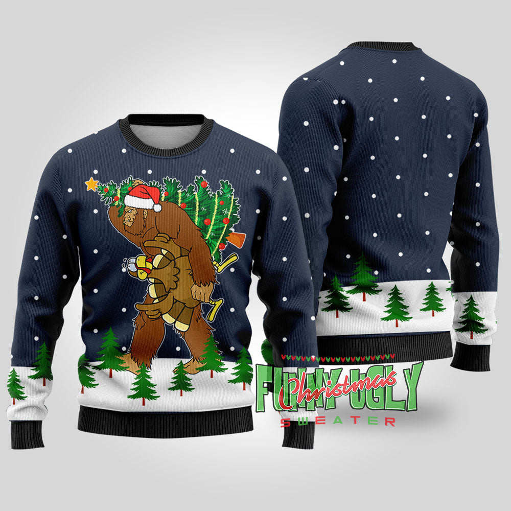 Bigfoot Stole Thanksgiving Funny Christmas Sweater Navy
