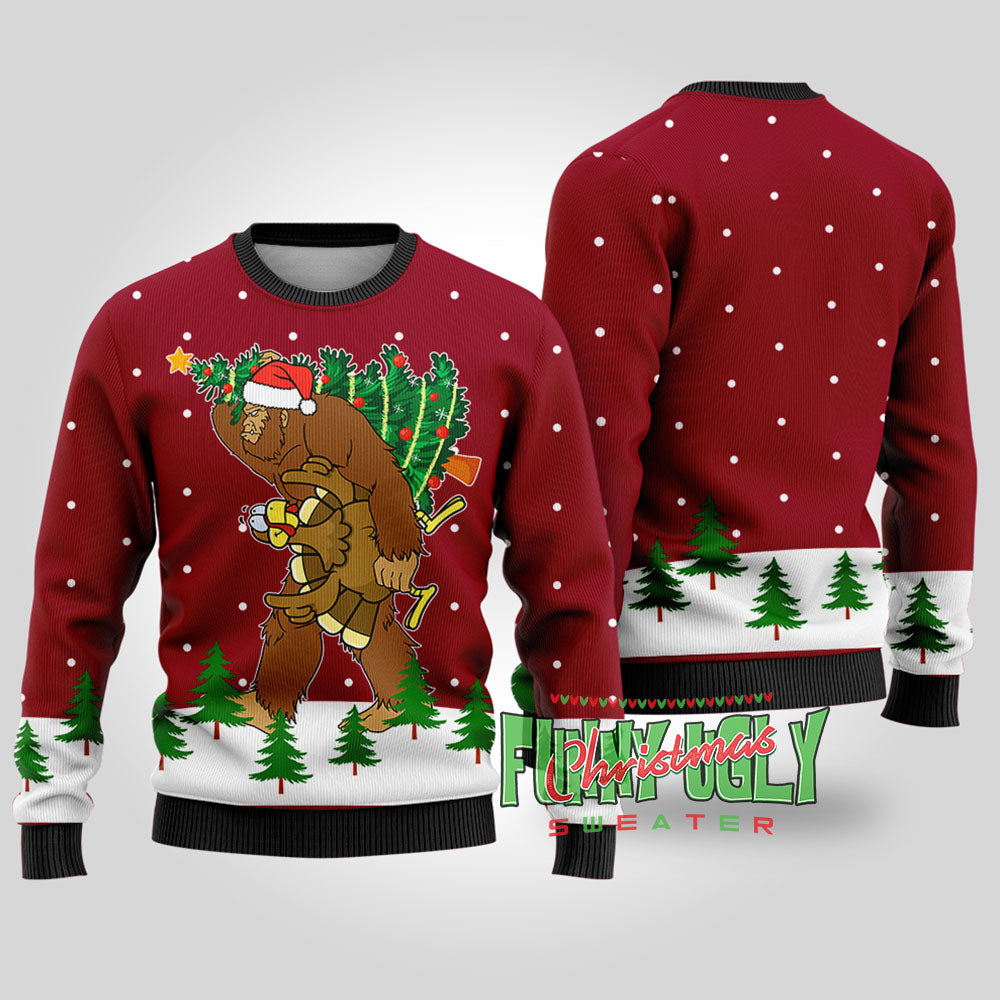 Bigfoot Stole Thanksgiving Funny Christmas Sweater Cardinal Red