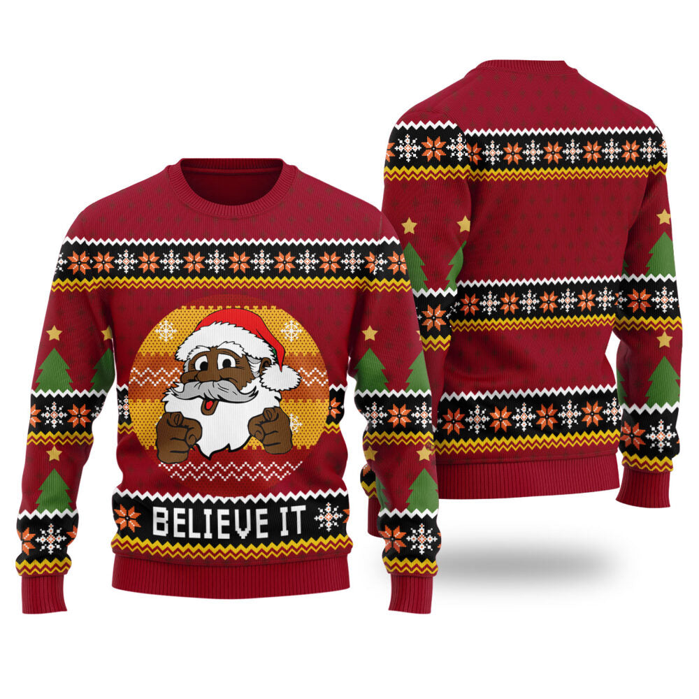 Black Santa Believe It Ugly Christmas Sweaters Cardinal Red