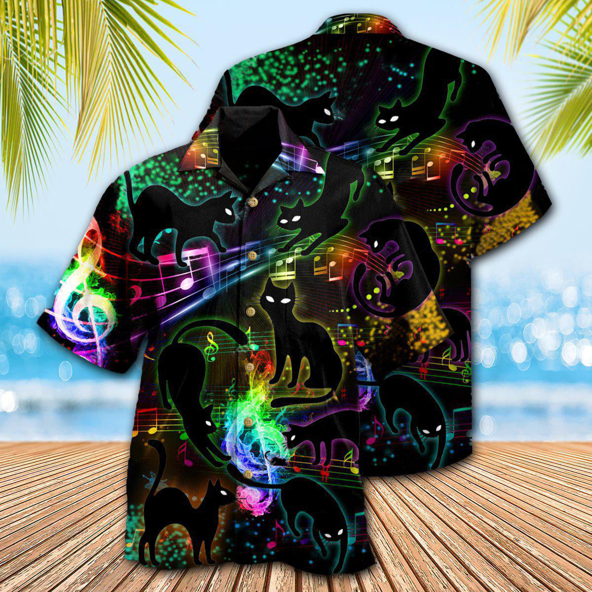 Black Cat The Magical Light Cats On Music Notes - Hawaiian Shirt