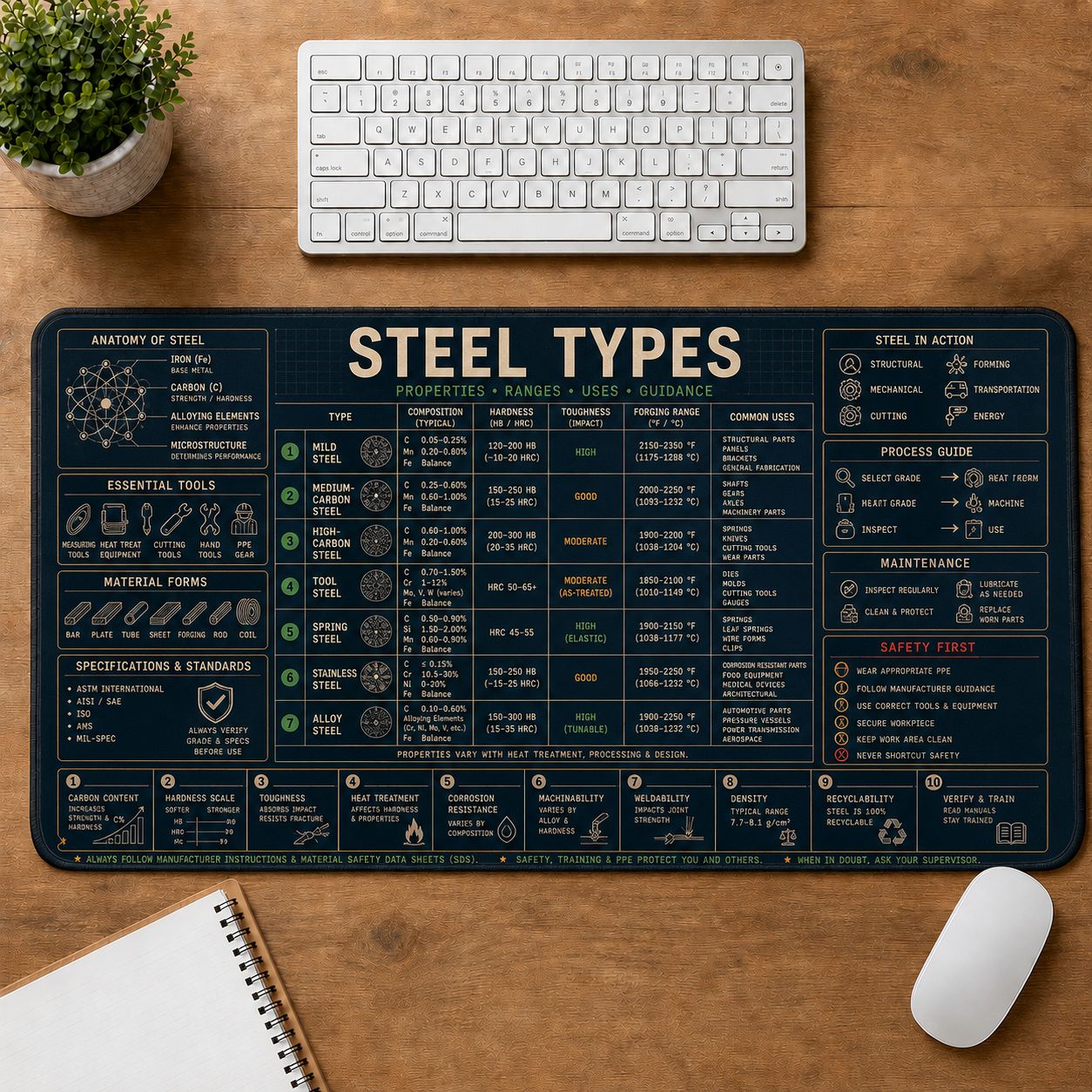 Blacksmith Steel Types Home and Workshop Technical Guide Desk Mat | 5To9Vibe