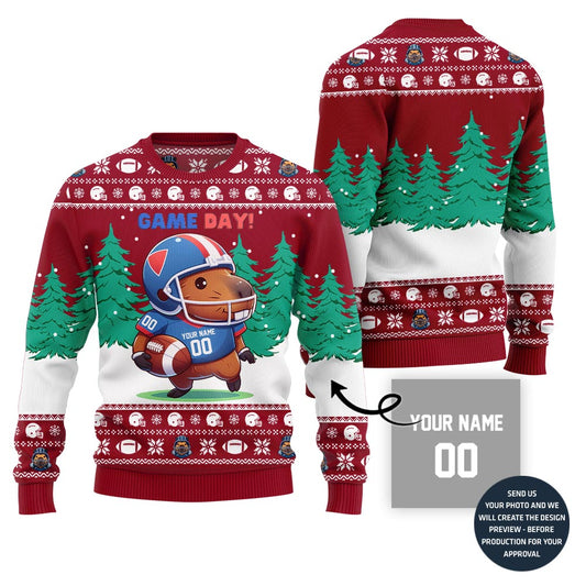 Game Day Capybara Playing Football Custom Ugly Xmas Sweater