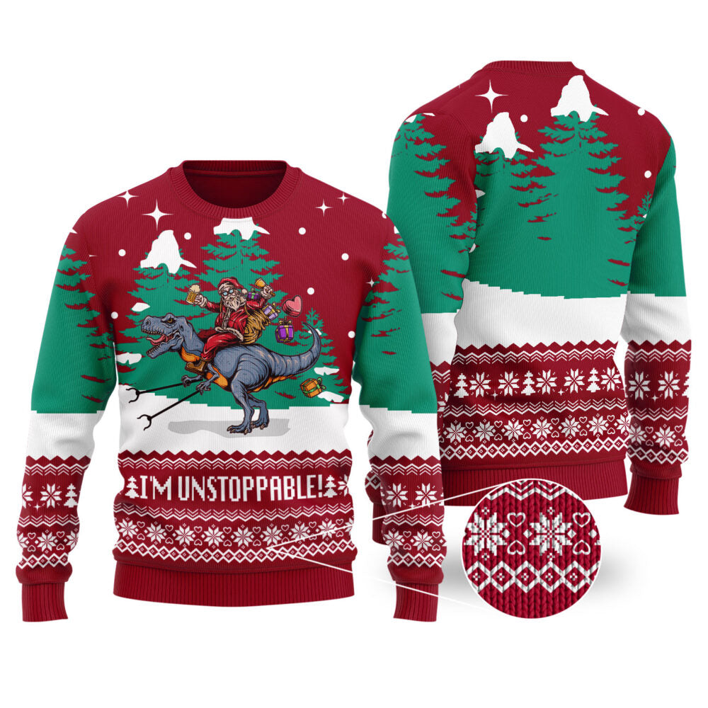 Cardinal Red Funny Santa T-Rex Christmas Sweater - Funny Ugly Christmas Sweater
