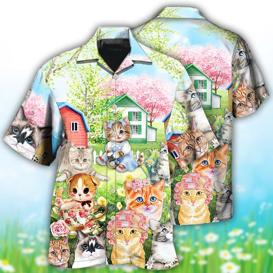 Cat Flowers And Lovely House Art - Hawaiian Shirt