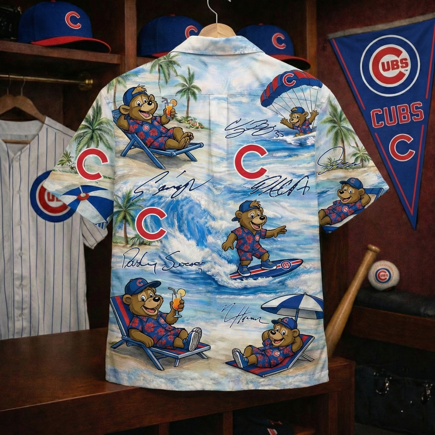 Camisa hawaiana unisex abotonada con estampado de mascota de béisbol CC en la playa y firma de jugador para hombres y mujeres