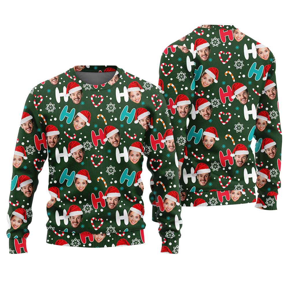 Custom Couple Faces Christmas Sweater Green