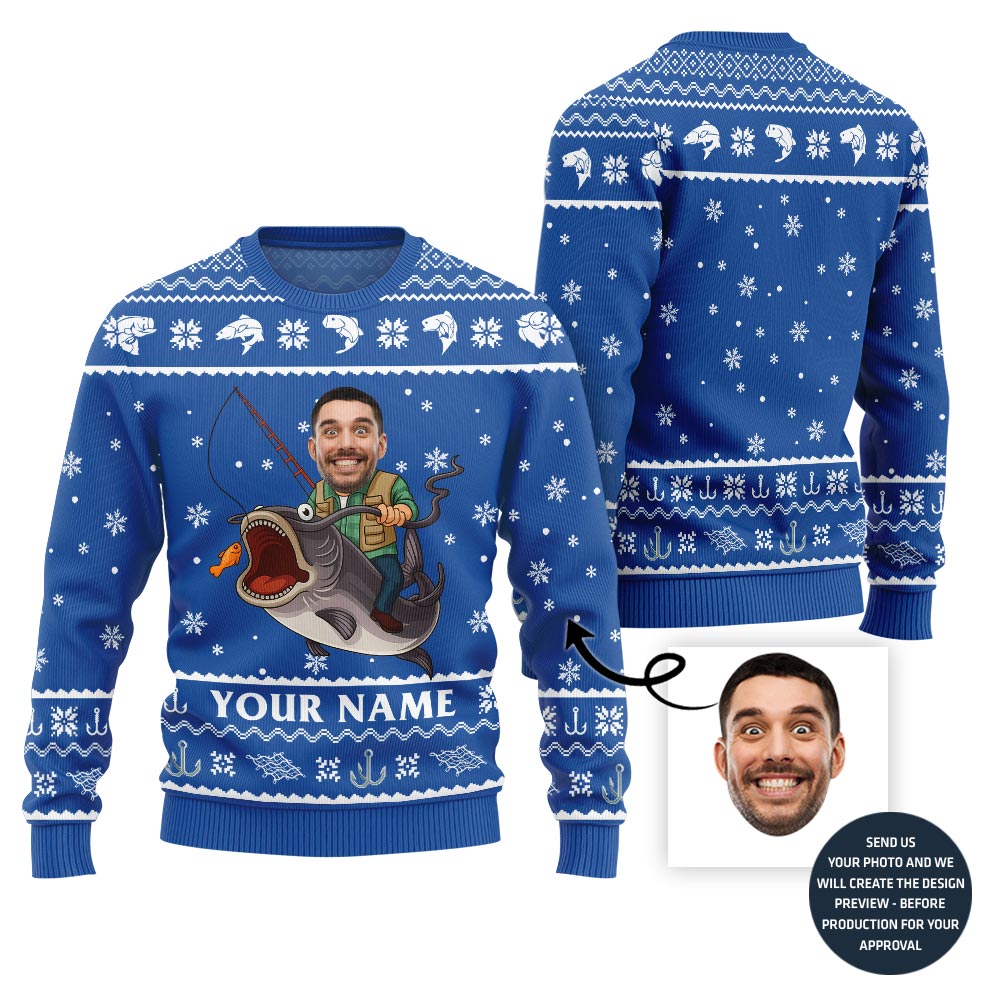 Custom Face And Name Fishing Christmas Sweater Men