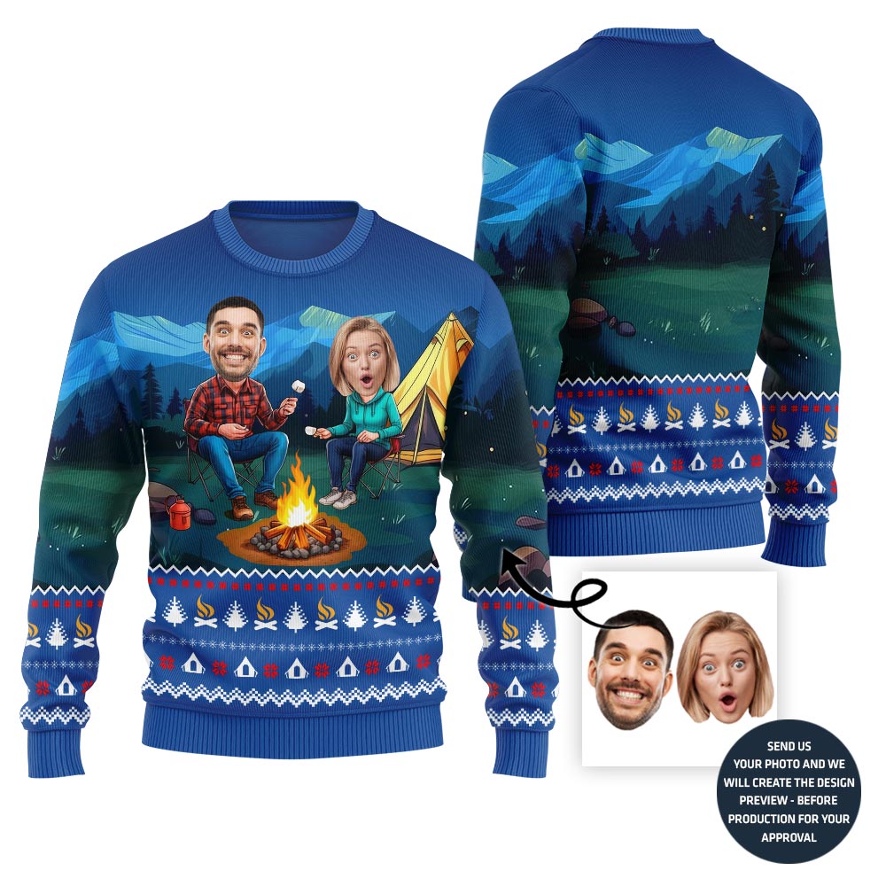 Custom Face Camping Ugly Christmas Sweater