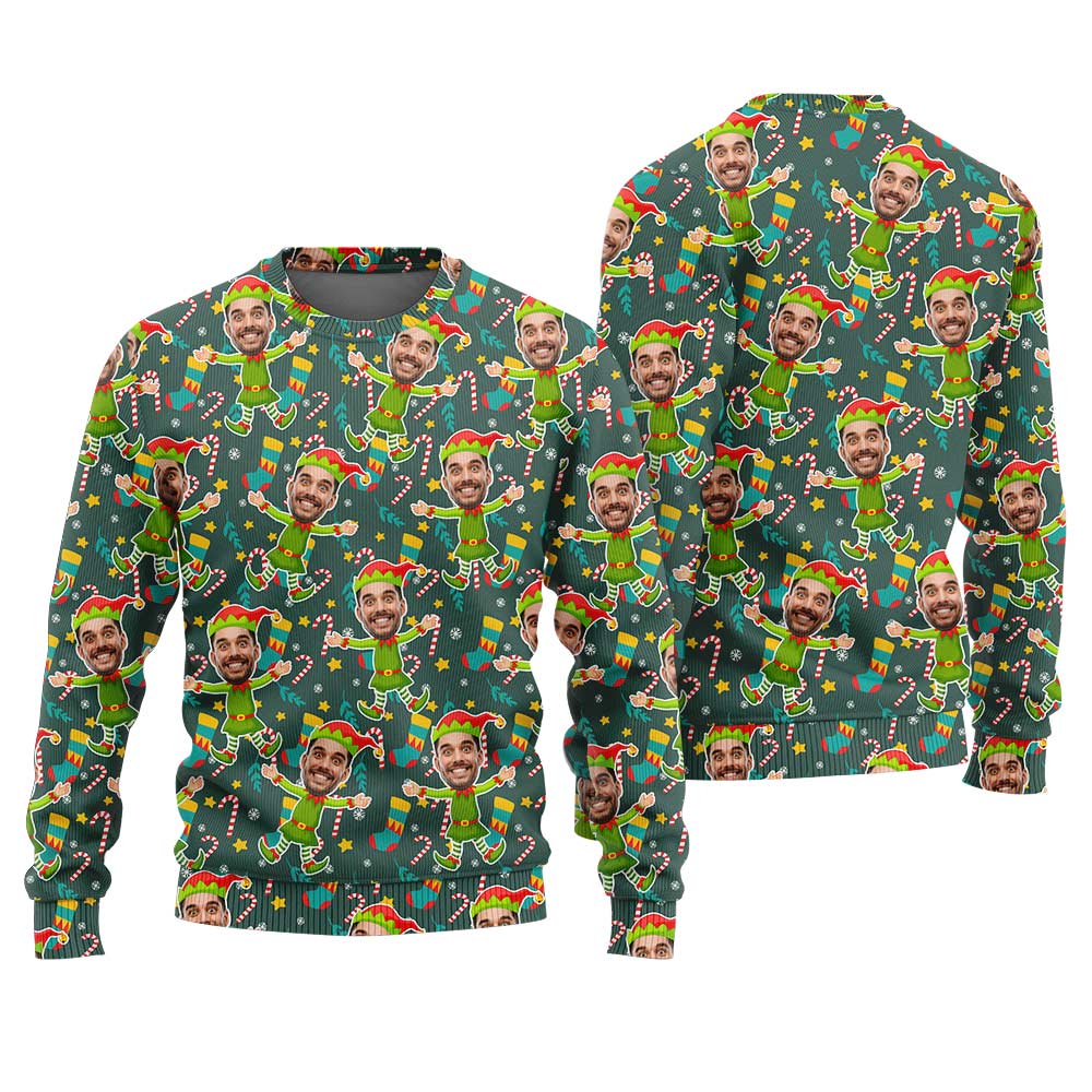 Custom Face Elf Ugly Sweater Green