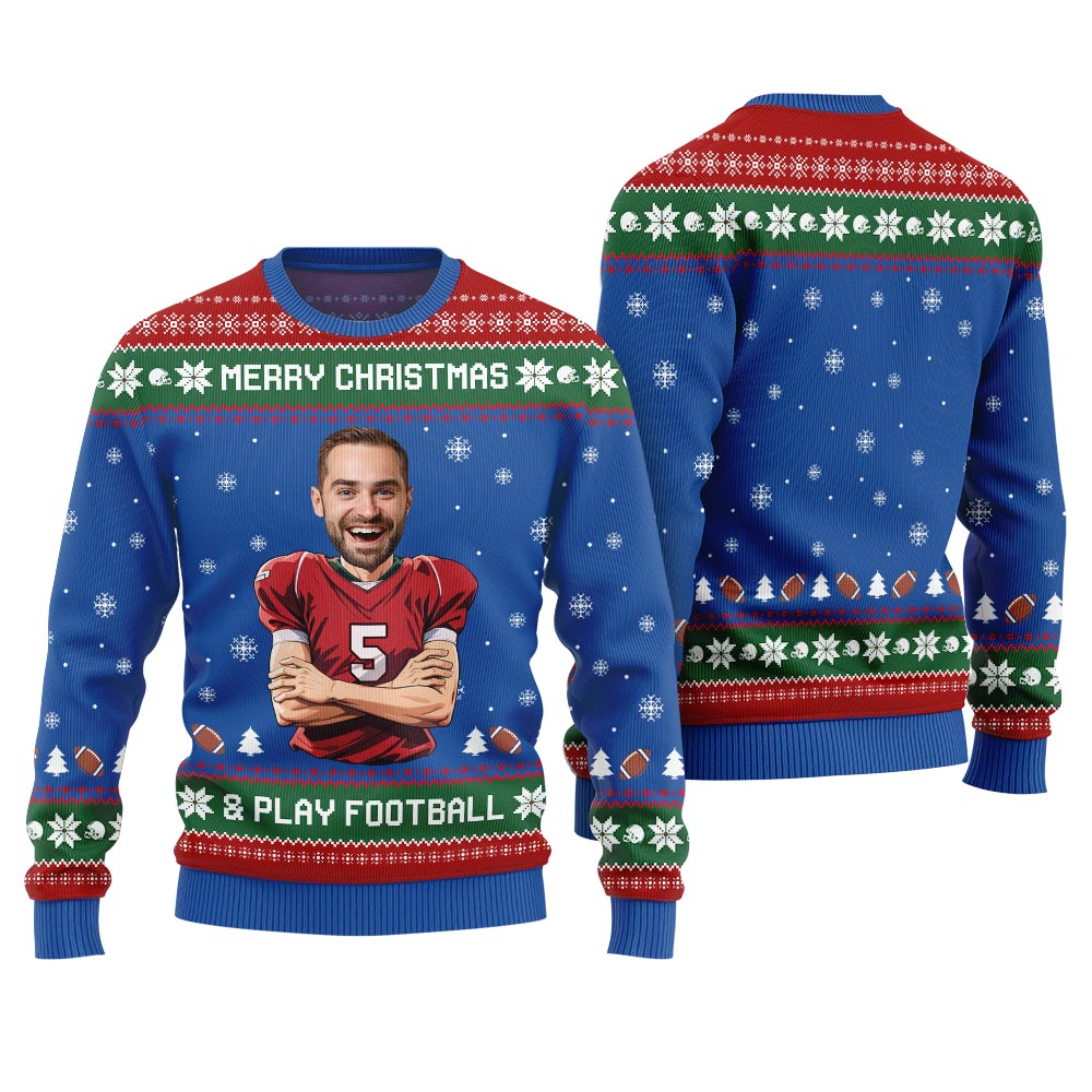 Custom Face Football Player Funny Christmas Sweater For Men