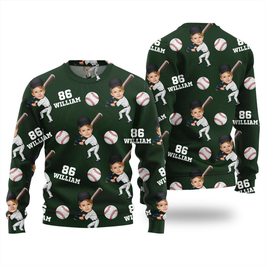 Custom Face Name And Number Baseball Xmas Sweater
