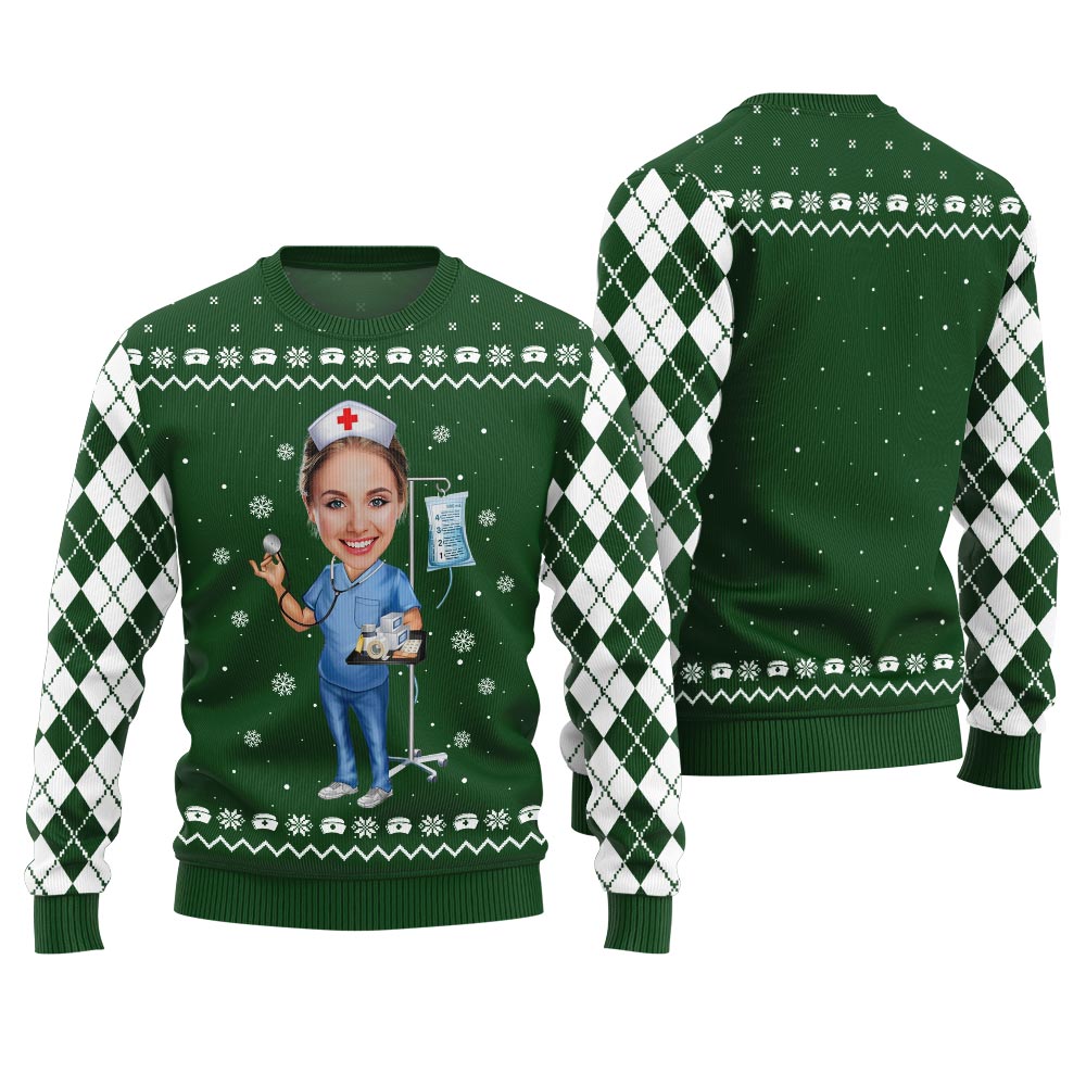 Custom Face Nurse Ugly Christmas Sweater Green