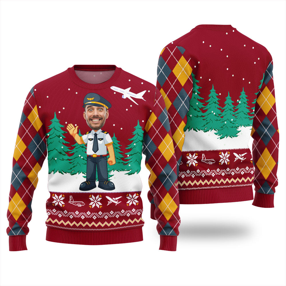 Funny Custom Face Pilot Ugly Christmas Sweater Red