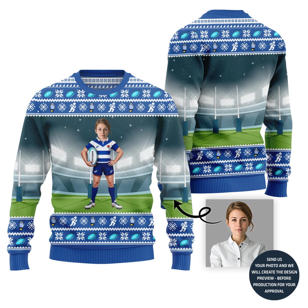 Custom Face Rugby Player Ugly Holiday Sweater