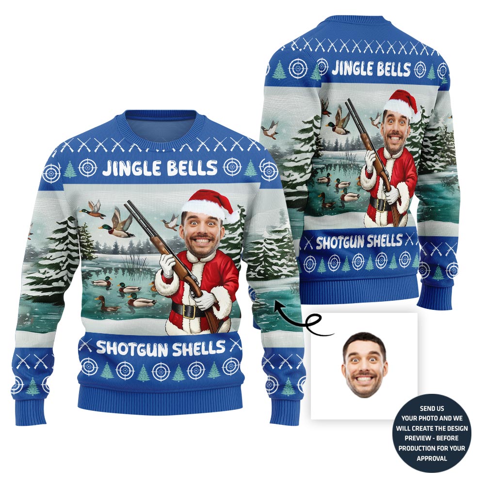 Custom Face Santa Hunting Jingle Bell Xmas Sweater Men