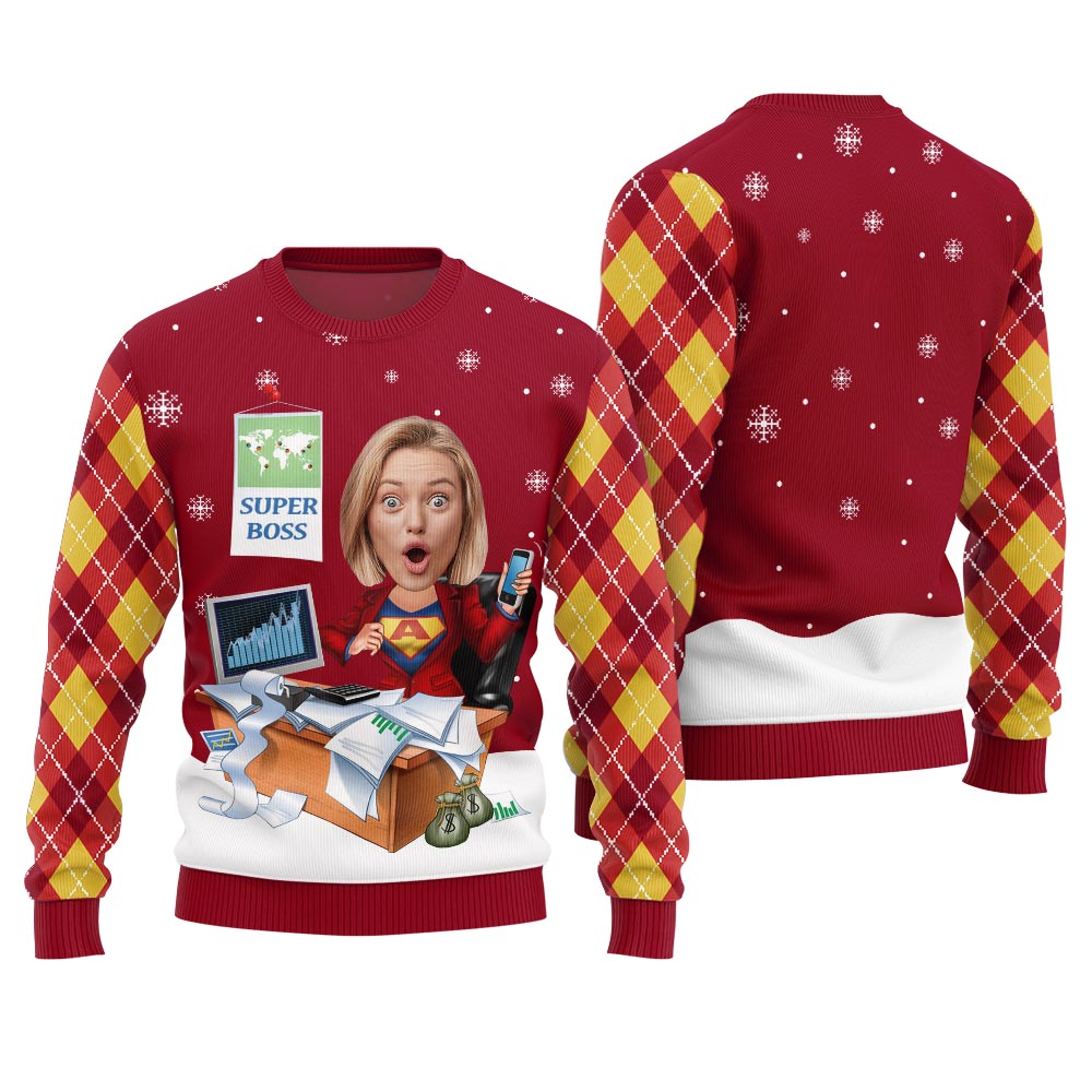 Custom Face Super Mom Funny Christmas Sweaters For Adults Red