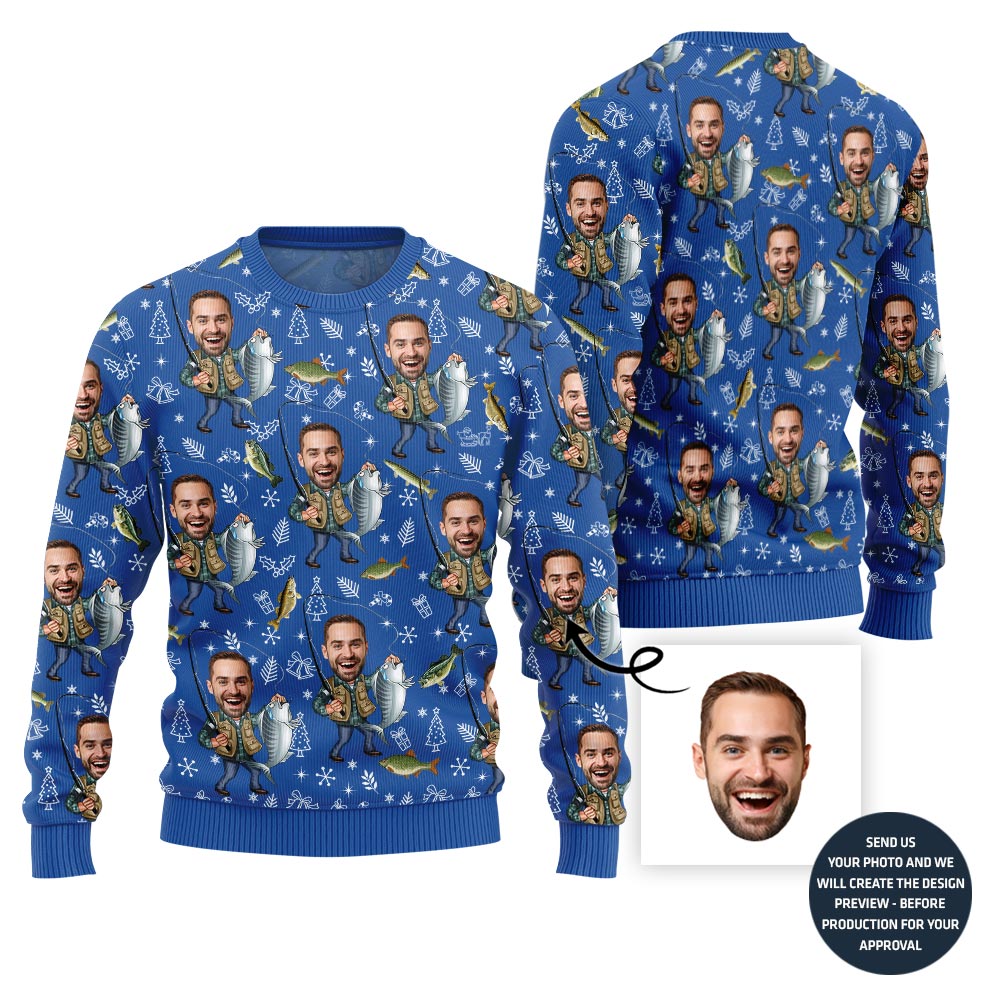 Custom Faces Fishing Funny Christmas Sweater For Men